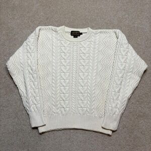 Vtg Eddie Bauer Sweater Mens Large White Cotton Cable Knit Fisherman Aran 90s